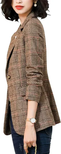 Vista 4 de ebossy Chaqueta de gallo con solapa y 2 botones para mujer, chaqueta a cuadros de pata de gallo