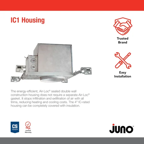 Vista 2 de Juno - Carcasa de luz de techo incandescente de 4 pulgadas para construcción nueva, luz empotrada con clasificación IC con perchas ajustables
