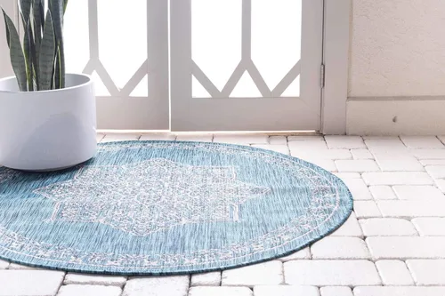 Vista 3 de Unique Loom Alfombra de la colección tradicional para exteriores, antigua (4 pies 1 pulgada, redonda, verde azulado/gris)