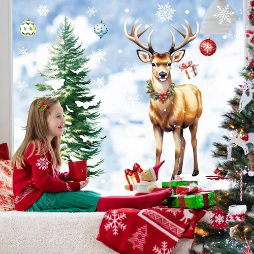 Vista 5 de DIYASY Calcomanías grandes para ventana de Navidad, renos, árbol de Navidad, copos de nieve, calcomanías para el hogar, extra grandes, decoración