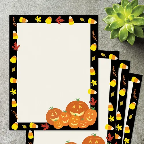 Vista 5 de Jack Stack - Papel de letras de calabaza de Halloween, 25 hojas de artículos de papelería para computadora, boletín imprimible, anuncio e invitación