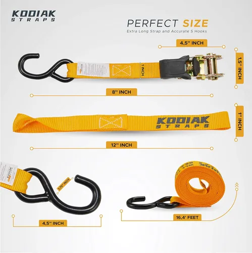 Vista 3 de KODIAK STRAPS Juego de correas de trinquete resistentes con 2200 correas de amarre de resistencia a la rotura 1 pulgada x 17 pies, paquete de 4