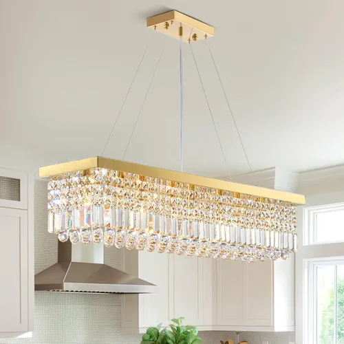 Vista 11 de Siljoy Candelabro de Cristal Moderno de 6 Luces Rectangular Dorado K9 Candelabro de Cristal en Forma de Gota de Lluvia para Comedor, Lámpara