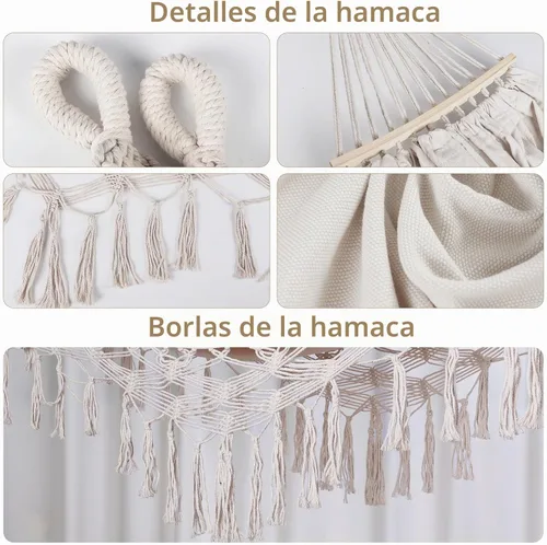 Vista 3 de Bellzacasa Hamaca Doble, Resistente, Capacidad de Carga de 500 lb con Borlas y Tejido de Cola de Pez con Correas de Montaje para Camping al Aire