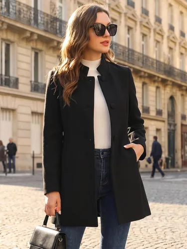 Vista 2 de Allegra K Abrigo de invierno para mujer, abrigo de cuello alto medio largo Negro