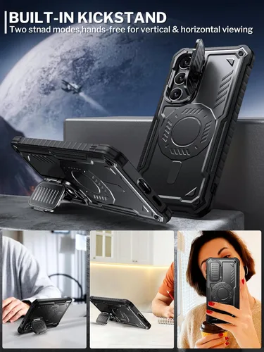 Vista 4 de ExoGuard Funda para Samsung Galaxy S24 con protector de pantalla, funda protectora de goma de cuerpo completo con cubierta de cámara y función atril