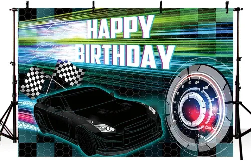Vista 3 de MEHOFOND Telón de fondo negro de 7 x 5 pies, decoración de fiesta de carreras para niños, cartel de fiesta de cumpleaños con temática de auto
