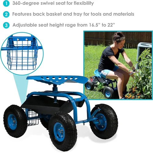 Vista 2 de Sunnydaze Rolling Garden Cart with Swivel Seat, Handle, and Basket