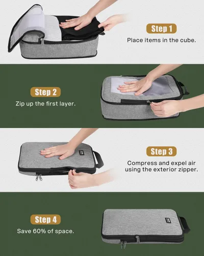 Vista 6 de SOLEDI Juego de 7 cubos de compresión para artículos esenciales de viaje, bolsas organizadoras de equipaje, incluye organizador de cables, bolsa