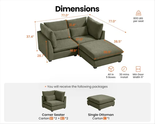 Vista 2 de Sofá modular de felpilla de 77 pulgadas, sofá modular de nube lavable con otomana, sofás seccionales de 3 plazas para sala de estar, cubierta
