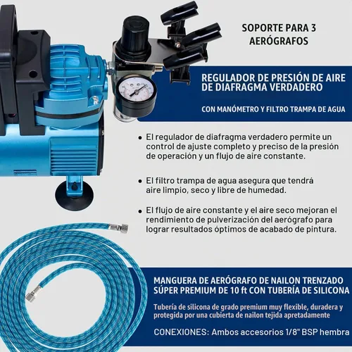 Vista 5 de Master Airbrush Cool Runner - Kit de sistema profesional de aerografía con compresor de aire de doble ventilador con 3 aerógrafos, alimentación por