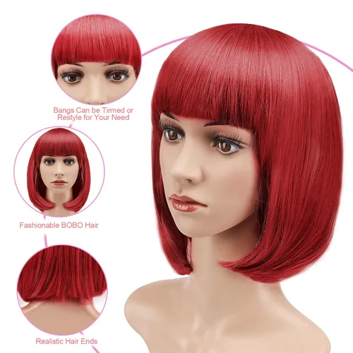 Vista 6 de AGPtek, 13 pulgadas, peluca estilo Bob discoteca, corto, recto, pelo resistente al calor, peluca completa, Rojo