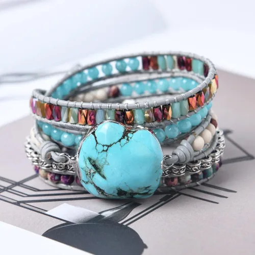 Vista 3 de Ygline Pulsera bohemia hecha a mano, con piedra de cristal, envolvente, de cuero, para mujer