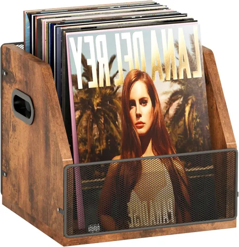 Vista 9 de Homeiju Paquete de 2 cajas de almacenamiento de vinilo, cajas de discos, cajas de metal y madera LP