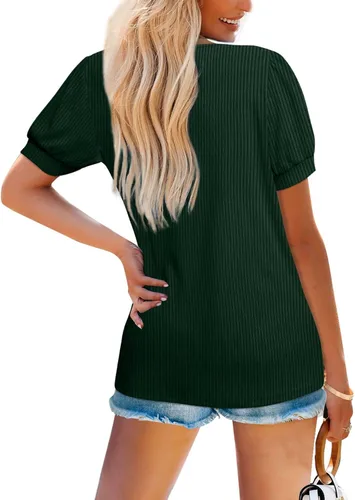 Vista 4 de OFEEFAN T Shirts for Women V Neck Summer Tops Puff Sleeve Loose Fit Basic Casual