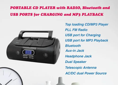 Vista 2 de HANNLOMAX Boombox portátil HX-318CD CD/MP3/USB, radio FM PLL, Bluetooth, 1 puerto USB para reproducción de MP3, 1 puerto USB para carga de 1A, Negro