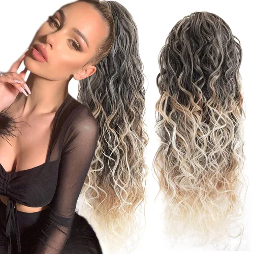 Vista 10 de Extensiones de cabello ombré 1B/27, cola de caballo para mujeres negras, extensiones de cola de caballo largas onduladas con cordón, extensiones