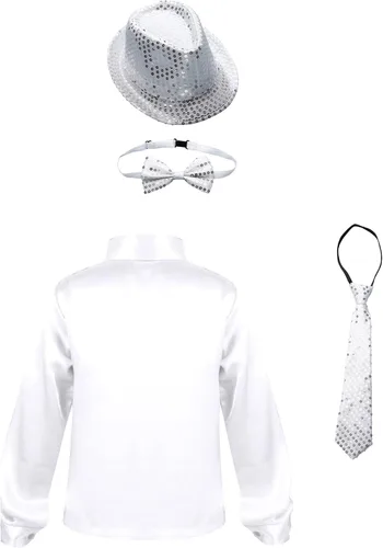 Vista 2 de YiZYiF Camisa de manga larga con botones y lentejuelas para niños, camisa y sombrero, corbata de lazo, hip hop, jazz, baile, discoteca, disfraz