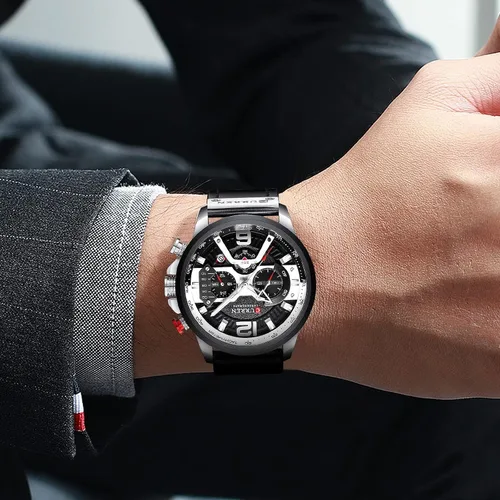 Vista 6 de Reloj de pulsera analógico de cuarzo para hombre, cronógrafo, impermeable, correa de cuero, correa de cuero, reloj de pulsera