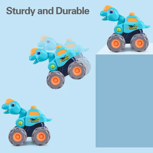 Vista 5 de iPlay, iLearn Juguete de camión monstruo de dinosaurio de 3 piezas, auto de tracción para bebé, camiones de construcción de dinosaurios Push Go
