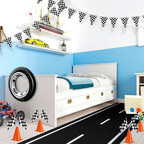 Vista 6 de Suministros de cumpleaños para fiesta de autos de carreras, tapete para correr de pista de carreras, mantel de carreras, pancarta a cuadros, 12