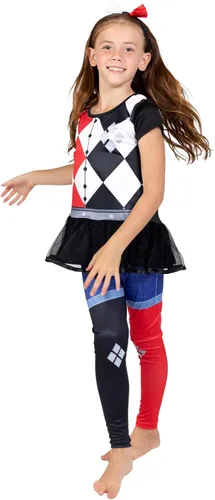 Vista 2 de WARNER BROS Harley Quinn Girls Cosplay Costume Dress Leggings and Headband 3 Piece Set Newborn to Big Kid