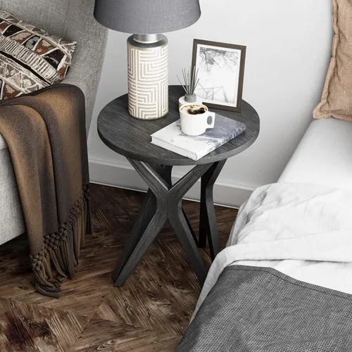 Vista 6 de Mesa auxiliar estilo rústico con pedestal, superficie envejecida con base de trípode, mesita de noche para sala de estar, moderna, decoración boho