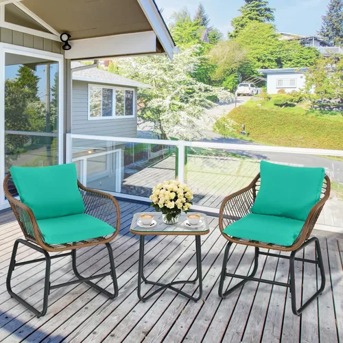 Vista 3 de COSTWAY Juego de 3 piezas de ratán para patio, silla acolchada, cubierta de mesa de cristal, turquesa