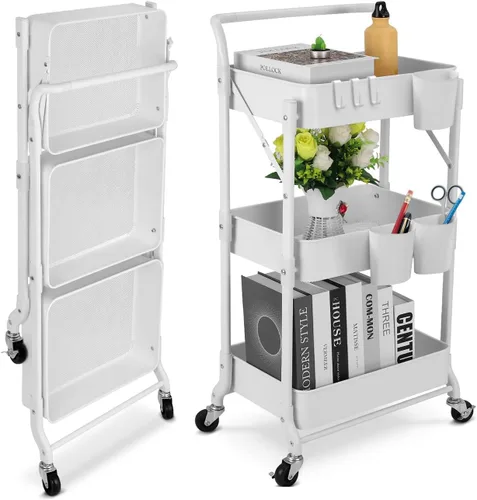 Vista 11 de Carrito plegable de metal de 3 niveles, carrito organizador plegable de almacenamiento multifunción para oficina en casa y biblioteca (negro)
