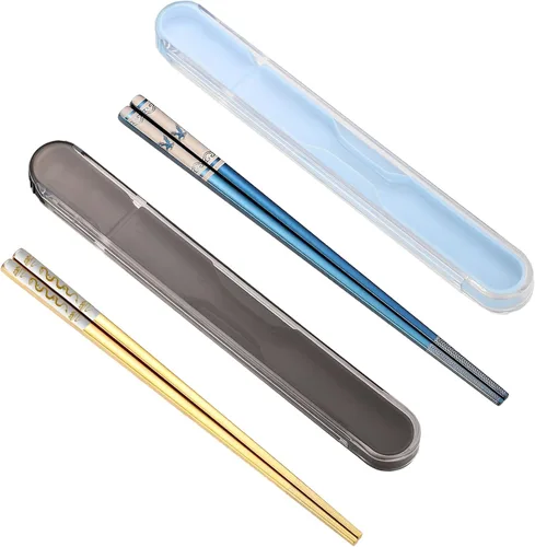 Vista 11 de Palillos portátiles con diseño de tira, juego de palillos de metal reutilizables de acero inoxidable con revestimiento de titanio para la escuela