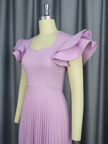 Vista 6 de AOMEI Vestido midi elegante plisado con cuello cuadrado y mangas con volantes para mujer