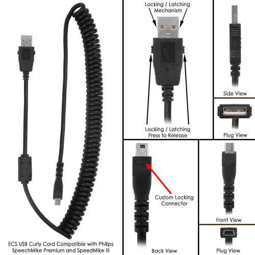 Vista 3 de ECS Cable de repuesto compatible con Philips SpeechMike Premium Touch, SpeechMike Premium y SpeechMike III, USB rizado de 2.5 a 5.5 pies, el 95%