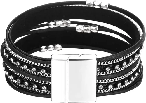 Vista 5 de Fesciory - Pulseras de cuero para mujer, cuentas de cristal, diseño de leopardo, estilo bohemio, múltiples niveles