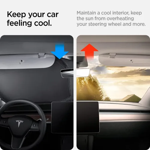 Vista 4 de Spigen Parasol para parabrisas delantero para todos los modelos Tesla Y y 3 Protección de doble capa Accesorios de coche para el modelo Y Juniper
