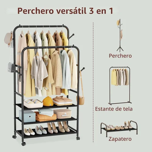 Vista 2 de Furologee Percheros para colgar ropa, perchero de doble barra con estantes de almacenamiento de 3 niveles, armario de ropa rodante con ruedas