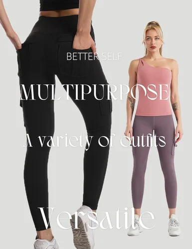 Vista 3 de COMFY ONE Leggings cargo con bolsillos para mujer, cintura alta, yoga, entrenamiento, descanso, tallas XS-2XL