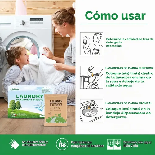 Vista 8 de Hoja de detergente para ropa, tiras de lavado ecológicas e hipoalergénicas Ingredientes naturales, ultraconcentrados, listos para viajar, sin
