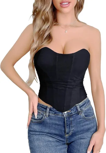 Vista 9 de Strapless Corset Top for Women Lace Up Bustier Clubwear Going Out Negro