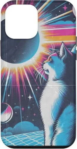 Vista 12 de iPhone 15 Cat Solar Eclipse - Synthwave Retro Poster Style Case