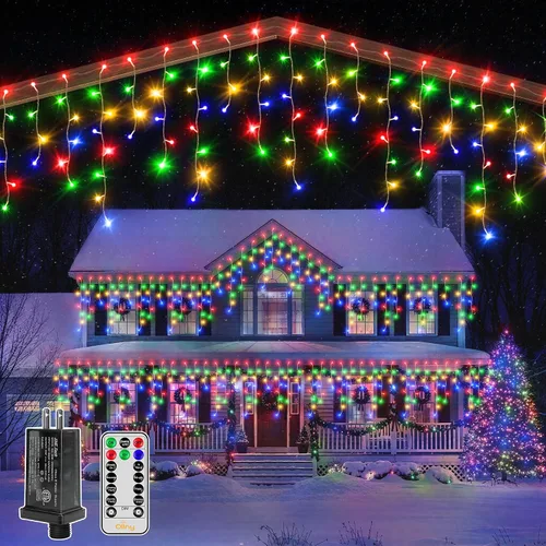 Vista 4 de Ollny Luces de carámbano para exteriores, 306 LED de 25 pies, luz de Navidad que cambia de color con control remoto, 11 modos de temporizador