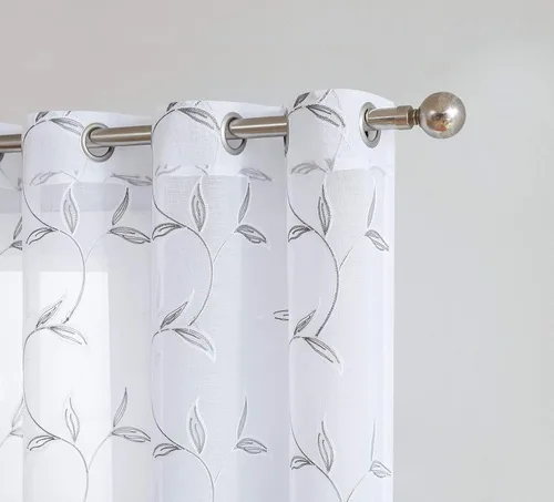 Vista 5 de LINENZONE Cortina de patio transparente blanca para puertas correderas con bordado de hojas de carbón gris. Extra ancha para patio, puertas