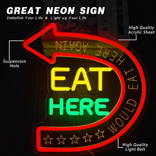 Vista 5 de Letrero de neón "Eat Here" Letrero de neón "Would Eat Here Again" Letreros de cocina Decoración de pared Letrero LED de comida para decoración