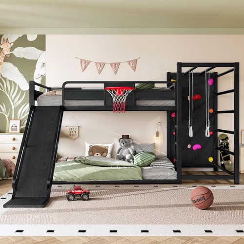 Vista 16 de Cama tipo loft de metal individual con estanterías deslizantes y de almacenamiento, marco de cama de metal resistente con aro de baloncesto, anillos