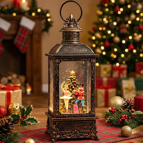 Vista 26 de Gnomos de Navidad de 10 pulgadas, linterna de globo de nieve iluminada, caprichoso árbol de Navidad y elfo escandinavo, linterna de agua musical