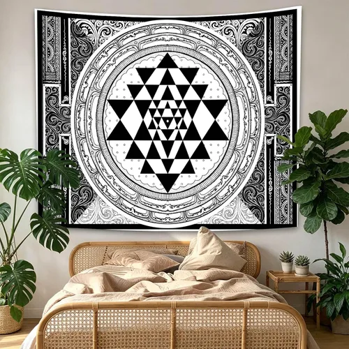 Vista 5 de SHRAPHY Tapiz Sri Yantra de 60 x 40 pulgadas, tapiz de meditación sentado, geometría sagrada, tapiz de arte blanco y negro para colgar en la pared
