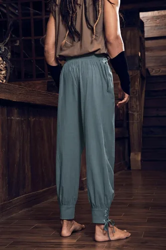 Vista 4 de Pantalones de tobillo medievales para hombre, disfraz de pirata vikingo, renacentista, con cordones, con bandas cónicas