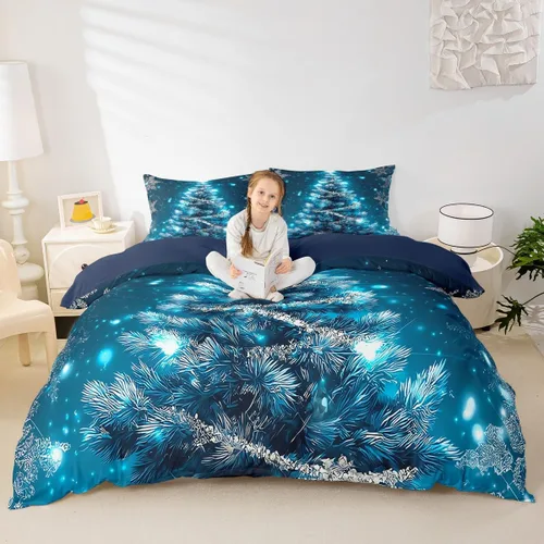 Vista 4 de Juego de ropa de cama de Feliz Navidad, funda de edredón azul con árbol de Navidad para niñas y niños, elegante funda de edredón de copo de nieve