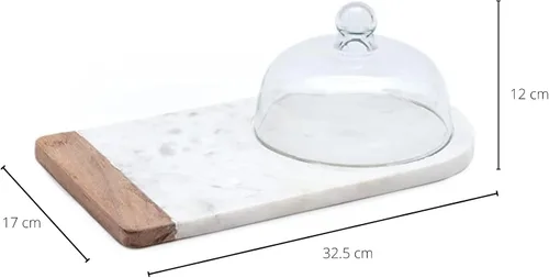 Vista 3 de Tabla de queso con cúpula de vidrio de mármol blanco y soporte para tartas con tapa, cubierta de cristal Cloche, decoración de madera de acacia