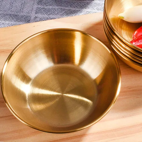 Vista 3 de Juego de 6 platos de salsa de soja de acero inoxidable, cuencos redondos dorados para sushi, albóndigas y olla caliente, platos de condimentos
