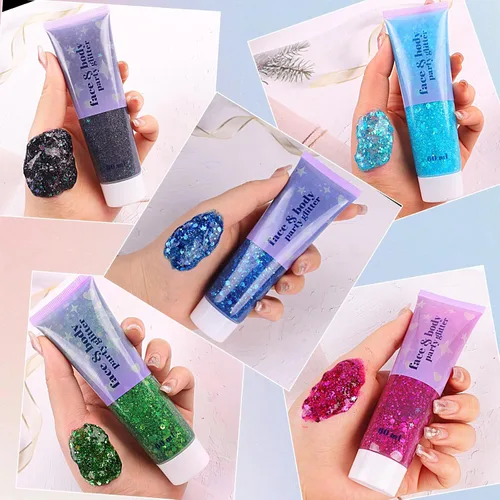 Vista 4 de Brillantina gruesa y fina mezclada con gel para cantantes, conciertos, rave, fiesta, maquillaje, secado rápido y de larga duración, lentejuelas